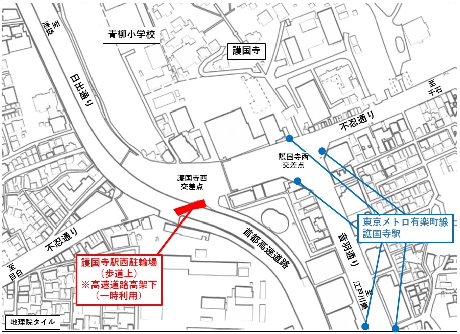 護国寺駅付近の駐輪場の位置図