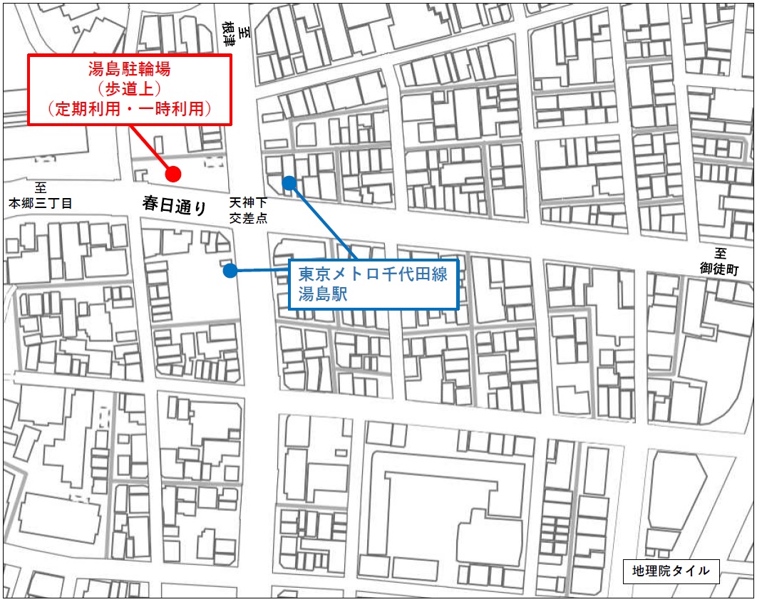 湯島駅付近の駐輪場の位置図